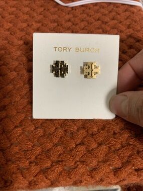 Tory Burch Gold Logo Stud Earrings on Card
